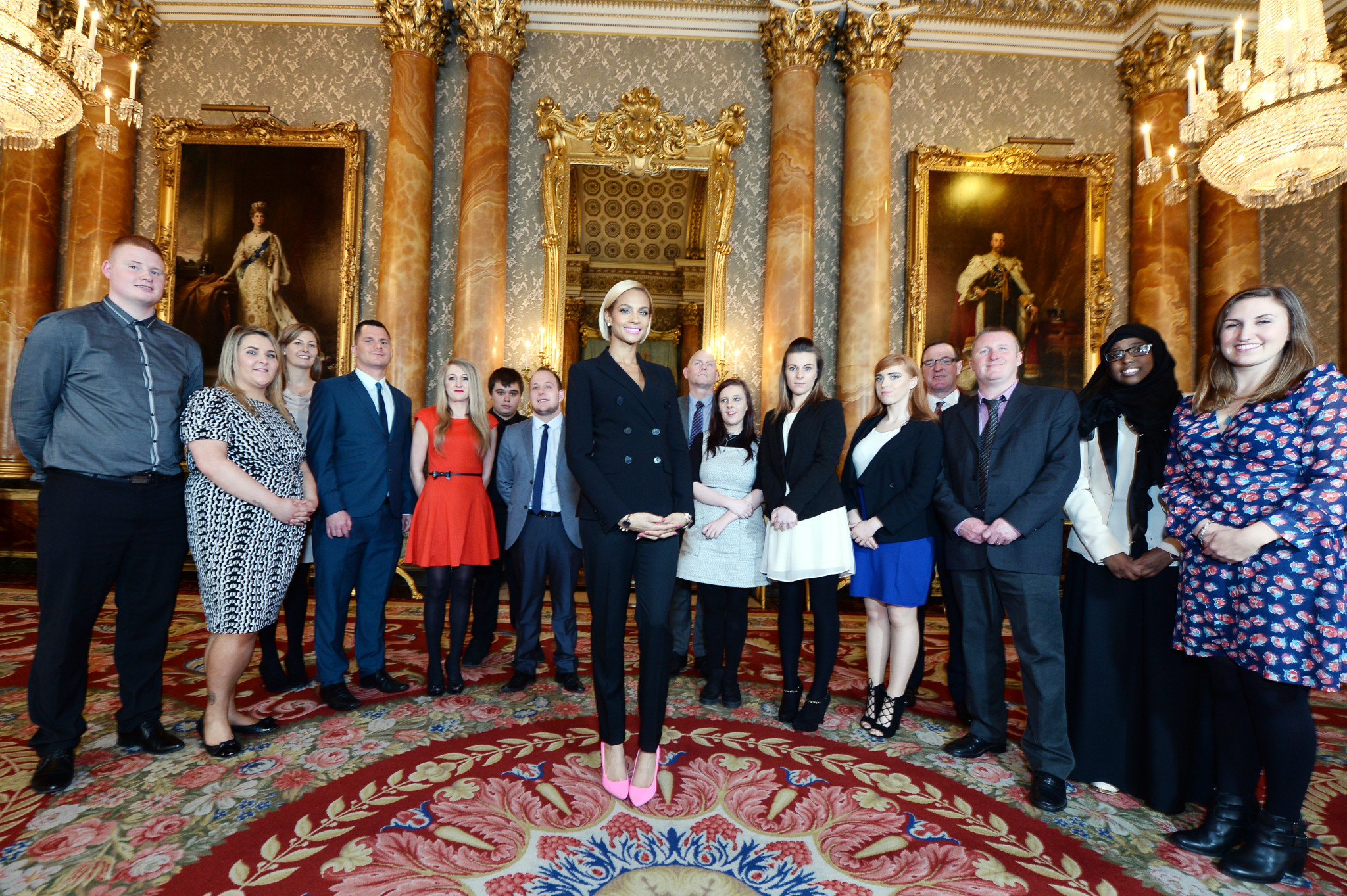 A selection of Queen's Young Leader's Grantees meeting Alesha Dixon at Buckingham Palace. Pictured form left to right: Steven Johnston (YMCA Scotland) Jenny Mitchell (YMCA Scotland) Louise Belsom (UpRising) Spencer Lewis (NYAS) Ami-lee Price (NYAS) Leon Sweeney (Cwmbran) Josh Horgan (Cwmbran) Alesha Dixon Peter McGregor (Who Cares Scotland) Nicole Blain (Who Cares Scotland) Blair Anderson (Include Youth) Courtney McGhee (Northern Ireland Youth Forum) Joe Hamill (Northern Ireland Youth Forum) John McComb (Include Youth) Qadar Arif (Media Trust) Jessica Lee (Media Trust)