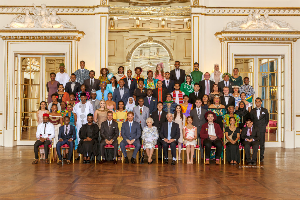 The Queen Young Leaders 2016 with The Queen, Prince Harry, Sir John Major and David Beckham at the ceremony. (Credit: Beaumont-Photography)