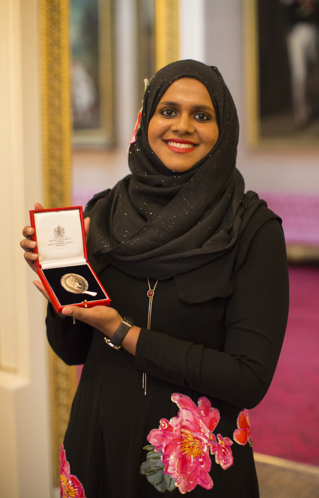 Safaath Ahmed Zahir, Maldives. The 2016 Queen's Young Leaders today recieved their award from her majesty the Queen at Buckingham Palace. Also in attendance were His Royal Highness Prince Harry, Sir John Major and David Beckham.